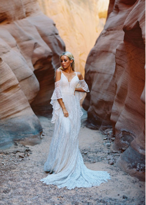 Cold Shoulder Ivory Lace V Back Bohemian Wedding Dress